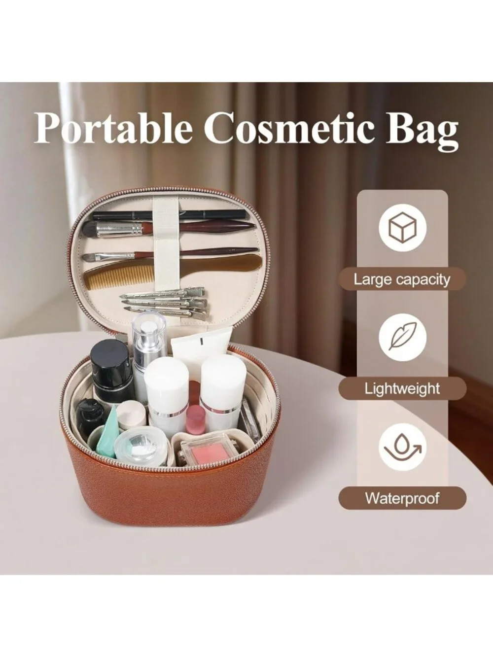 Portable Makeup Bag with Compartments & Handle | Travel Cosmetic Organizer for